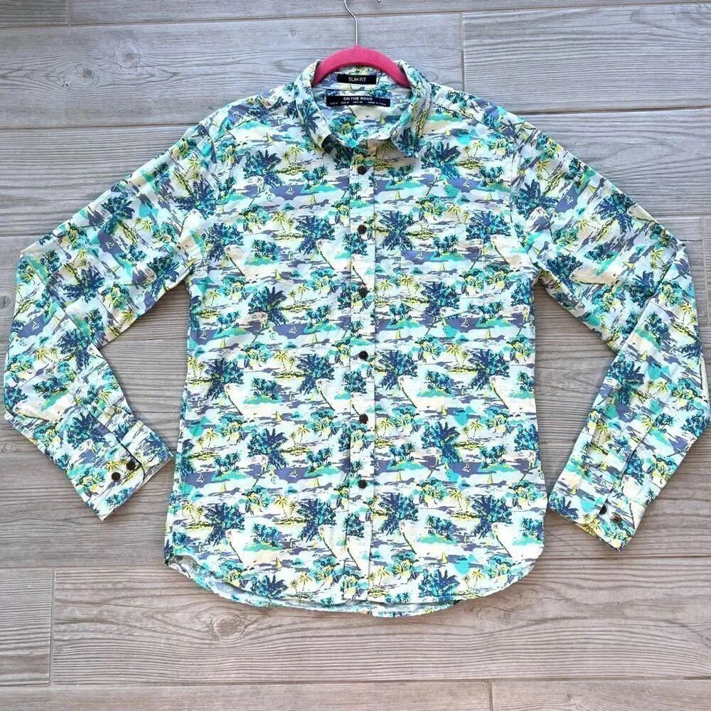On The Road Mens Multicolor Tropical Hawaiian Slim‎ Fit Button Up Shirt Medium